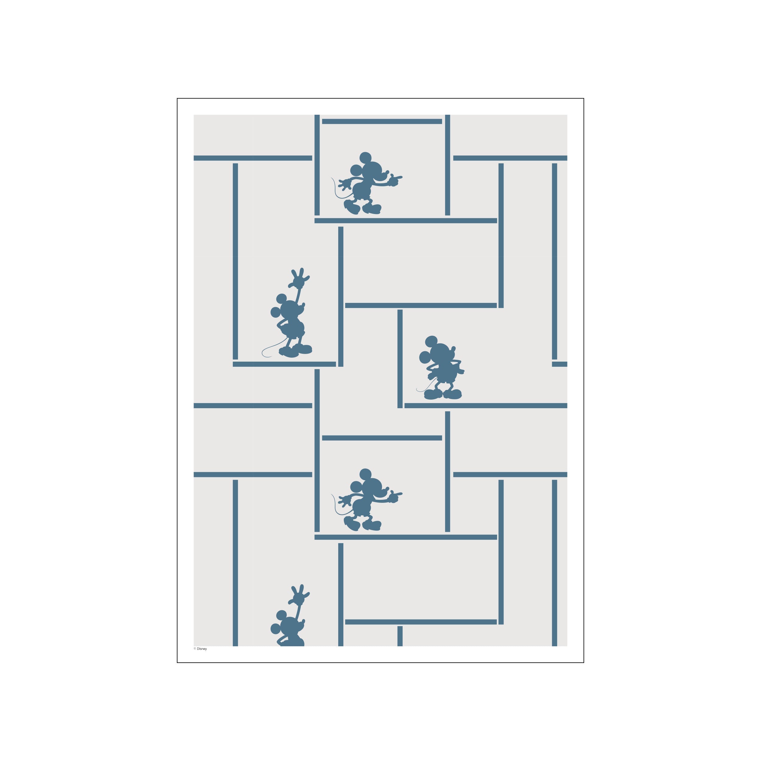 A graphic composition featuring silhouettes of Mickey Mouse in playful poses against a background of a blue and grey geometric labyrinth design. The palette is soothing and modern.