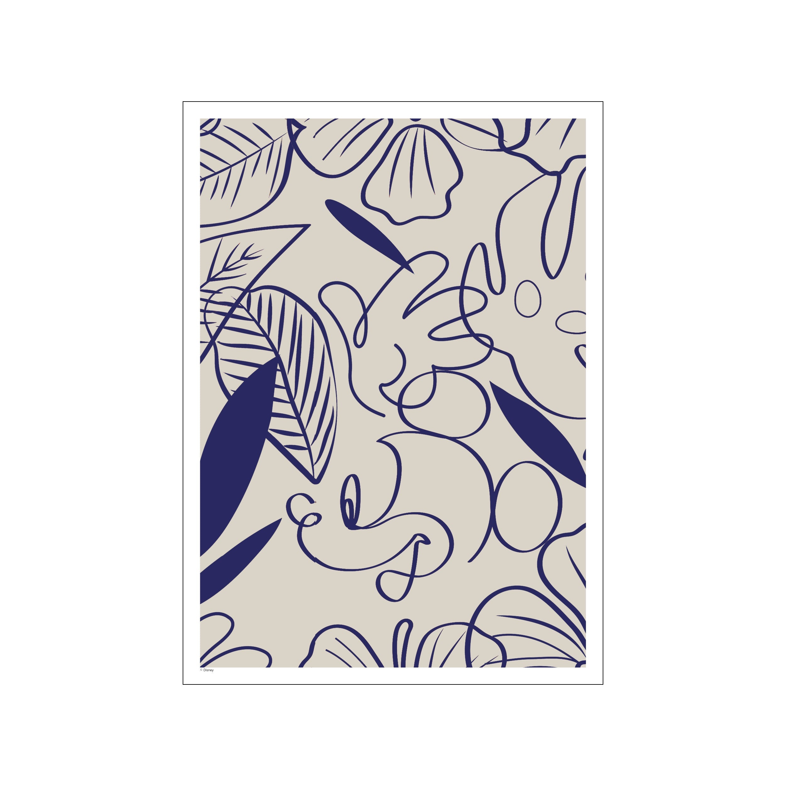 An artistic composition featuring flowing indigo lines that suggest leaves and flowers against a neutral taupe background, creating a whimsical yet serene atmosphere.