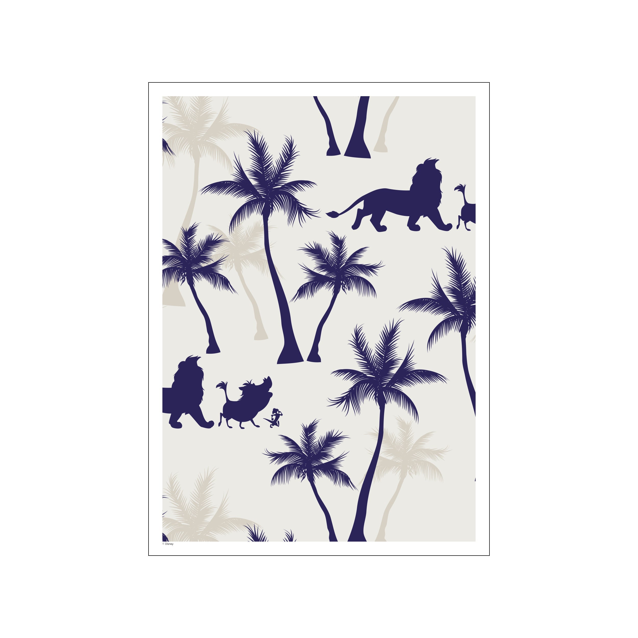 Silhouettes of Simba, Timon, and Pumbaa walk among lush navy and pale tan palm trees against a light neutral background, creating a serene, stylish savanna scene.