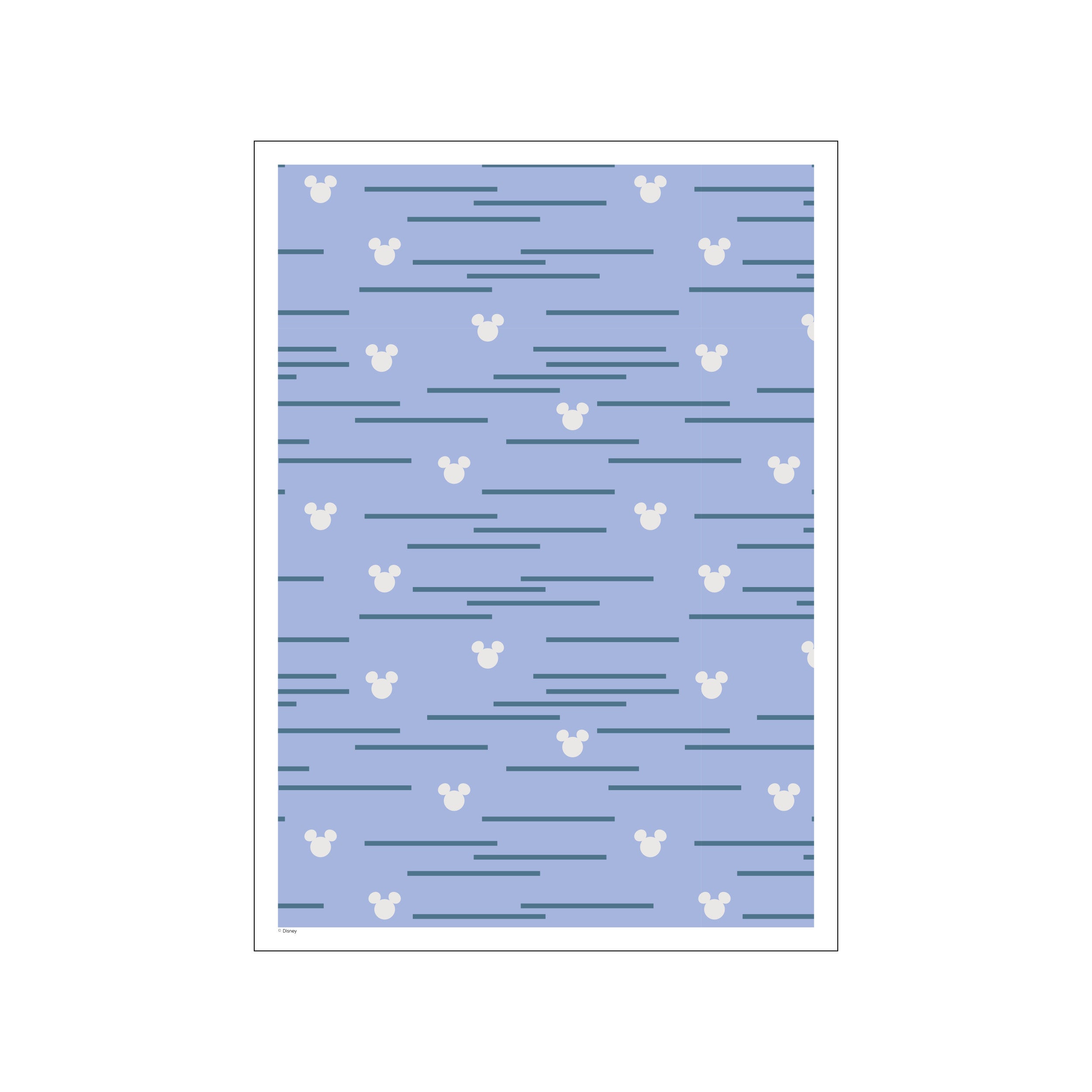 A light periwinkle blue background adorned with scattered white Mickey Mouse silhouettes and thin, dark blue horizontal lines. The design feels whimsical and has a subtle, modern aesthetic.