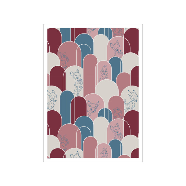 A collection of outlined forest animals, including Bambi and Thumper, emerge from behind a repeating pattern of rounded arches in muted rose, dusty blue, and soft ivory hues.