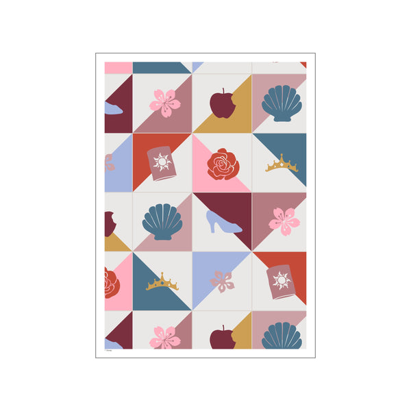 A whimsical art piece featuring stylized icons of Disney Princesses like crowns, flowers, shells, and slippers, arranged in a geometric pattern with a soft, harmonious color palette.
