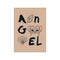 A playful art print with the name "Angel" spelled out using bold, dark letters interspersed with charming illustrations of seashells and the character Stitch, set against a warm, neutral background.