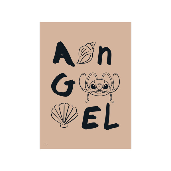 A playful art print with the name "Angel" spelled out using bold, dark letters interspersed with charming illustrations of seashells and the character Stitch, set against a warm, neutral background.
