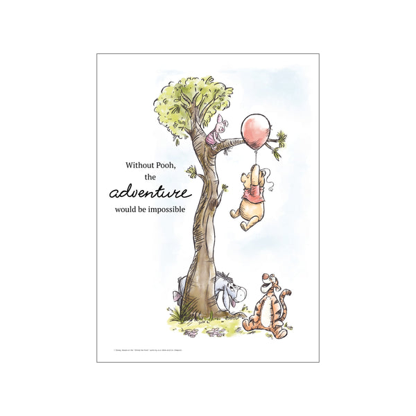 A whimsical illustration of Winnie the Pooh dangling from a balloon tied to a tree branch, with Piglet perched above him and Tigger and Eeyore looking up from below. Soft, playful colors.