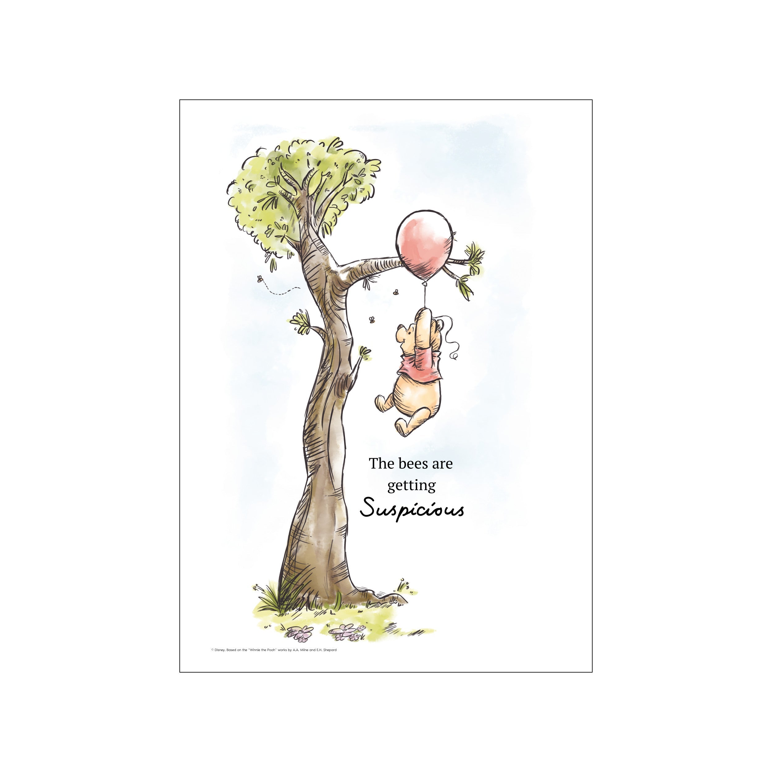 Winnie the Pooh hanging from a tree by a balloon, with bees buzzing around, rendered in a soft watercolor style with a delicate color palette.
