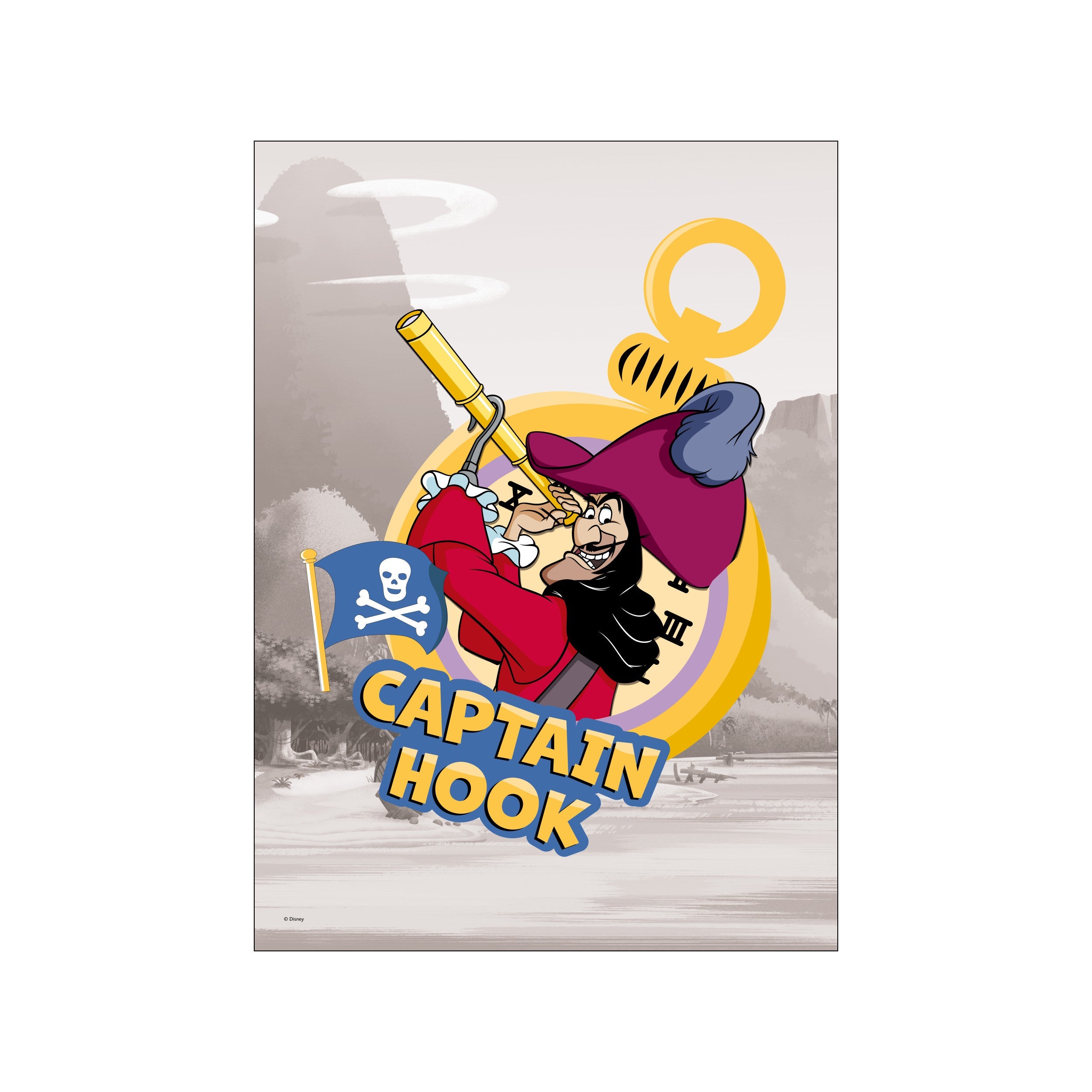 A whimsical illustration of Disney's Captain Hook, dressed in red, peering through a golden telescope. A Jolly Roger flag and his name are prominently displayed against a misty island backdrop.