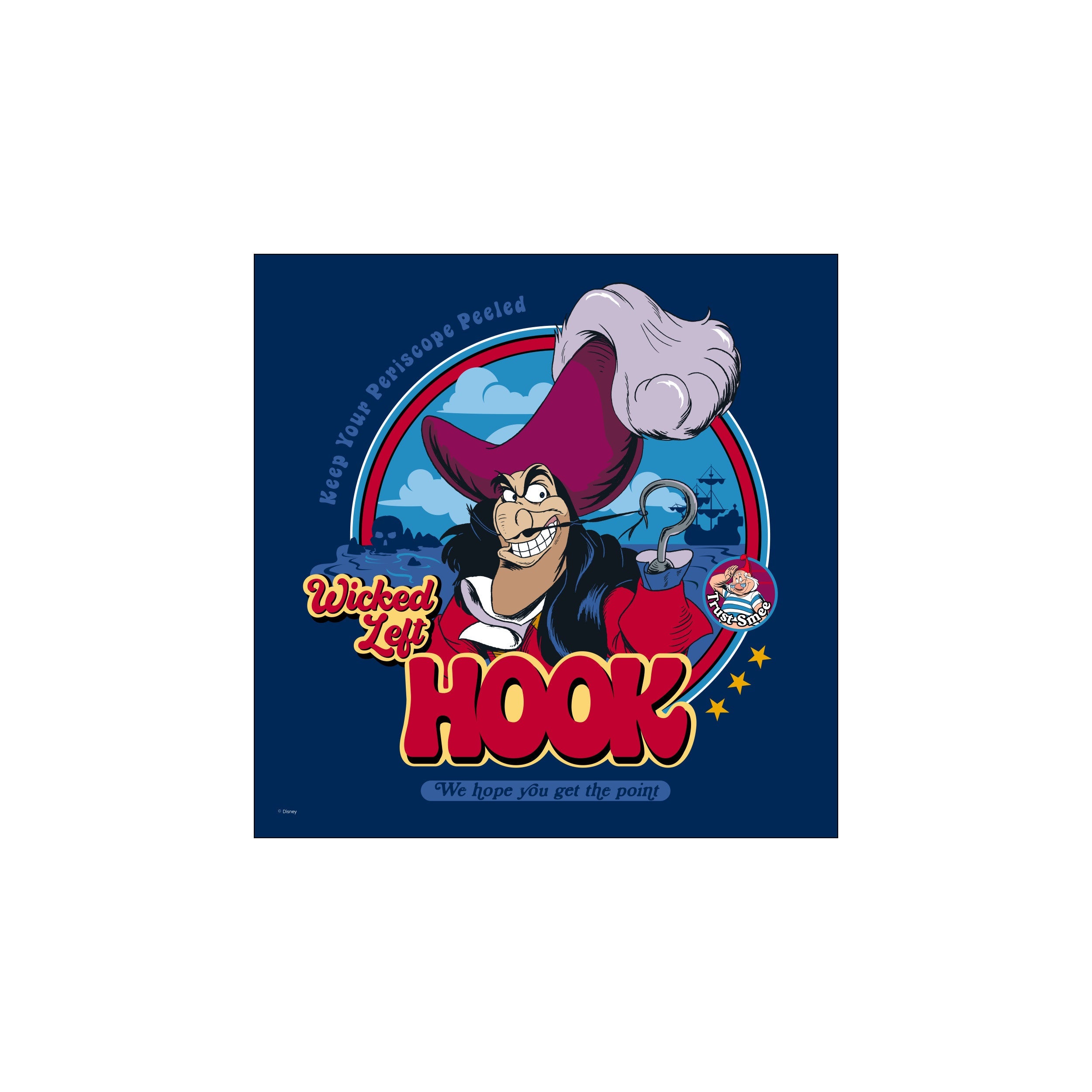 A cartoon illustration of Disney's Captain Hook with a mischievous grin, wearing a large feathered hat and a red coat, against a deep blue background with clouds and a ship.