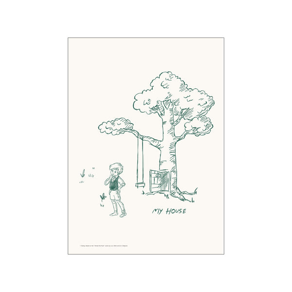 A hand-drawn sketch in green ink features Christopher Robin standing thoughtfully beside a treehouse built into a large tree, with a swing hanging nearby and the words 'My House' written below.