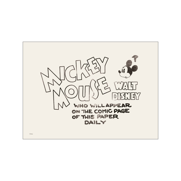 Black and white ink drawing of the words "Mickey Mouse" in bold, playful lettering, alongside an illustration of Mickey Mouse's face with a question mark above his head, on an off-white background.