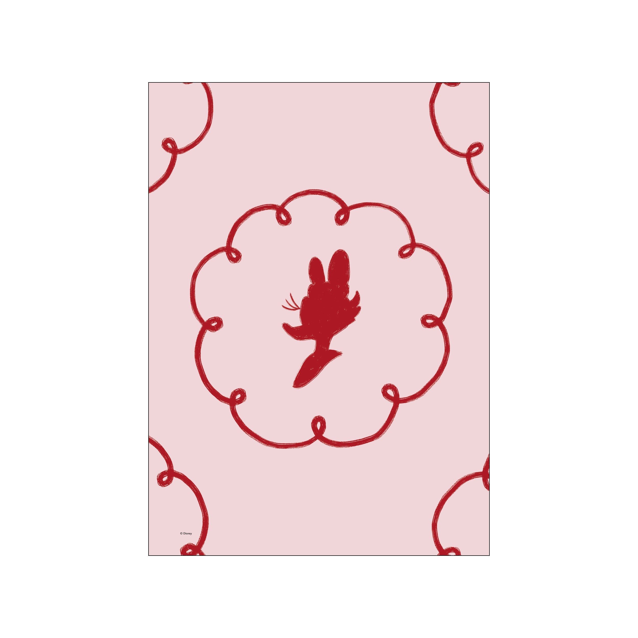 A red silhouette of Daisy Duck within a swirling red floral-like loop pattern, set against a pale pink background. The artwork has a dreamy, playful, and whimsical vibe.