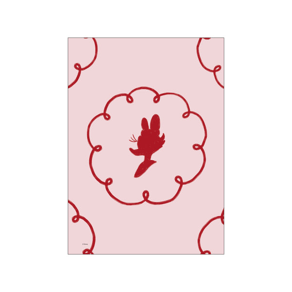 A red silhouette of Daisy Duck within a swirling red floral-like loop pattern, set against a pale pink background. The artwork has a dreamy, playful, and whimsical vibe.