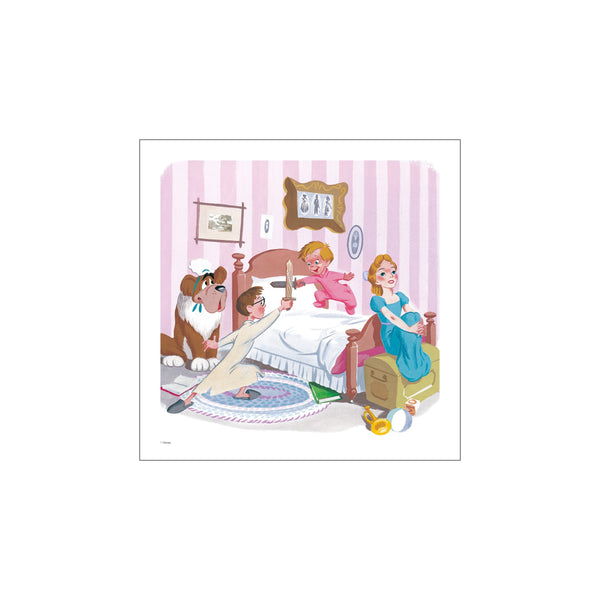 A charming illustration depicts a bedtime scene with children and a dog in a room with pink striped walls. One child playfully holds a wooden sword, while another sits on a bed, surrounded by toys.