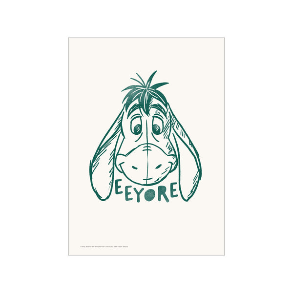 A simple, hand-drawn sketch of Eeyore's face in teal ink on a creamy background. The artwork captures his melancholic expression and features the name Eeyore below his chin.
