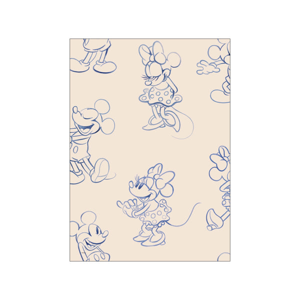Charming blue line sketches of Mickey and Minnie in various playful poses, set against a light, creamy background, evoking a sense of vintage whimsy and joyful nostalgia.