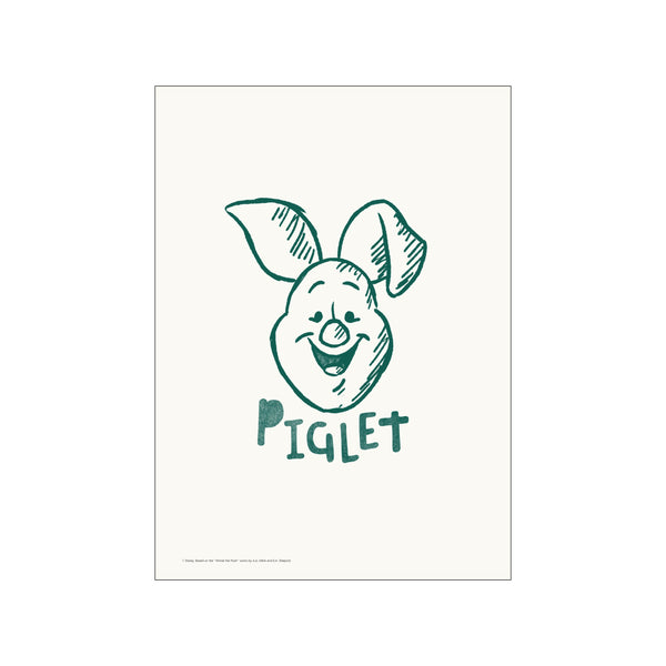 A whimsical sketch of Disney's Piglet's face and name in a soft teal color on an off-white background, evoking a feeling of sweet, gentle joy.