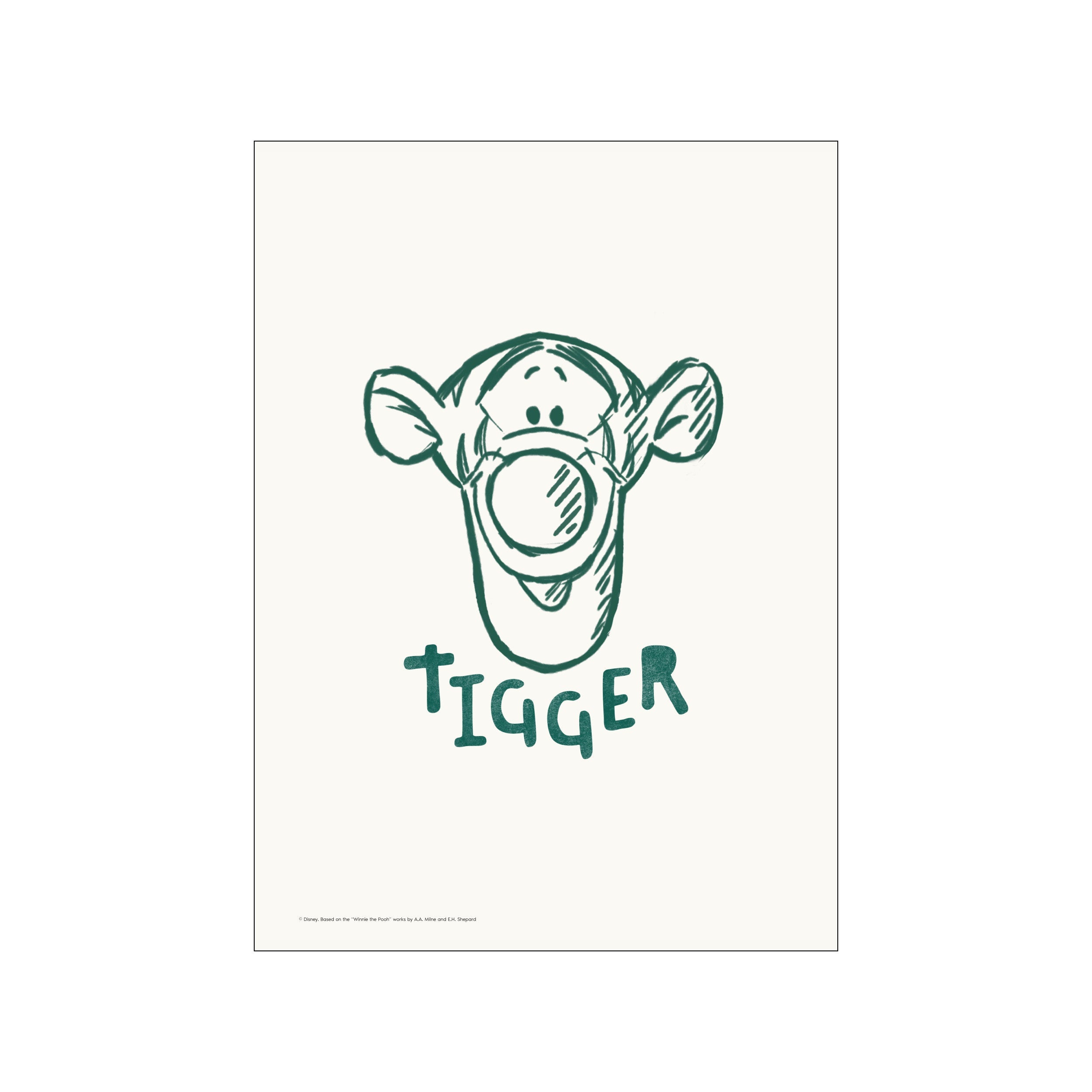 A charming sketch of Tigger's face and name in emerald green on a creamy off-white background, evoking a sense of playful nostalgia and whimsical delight.