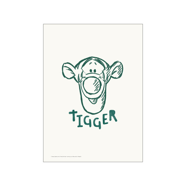 A charming sketch of Tigger's face and name in emerald green on a creamy off-white background, evoking a sense of playful nostalgia and whimsical delight.