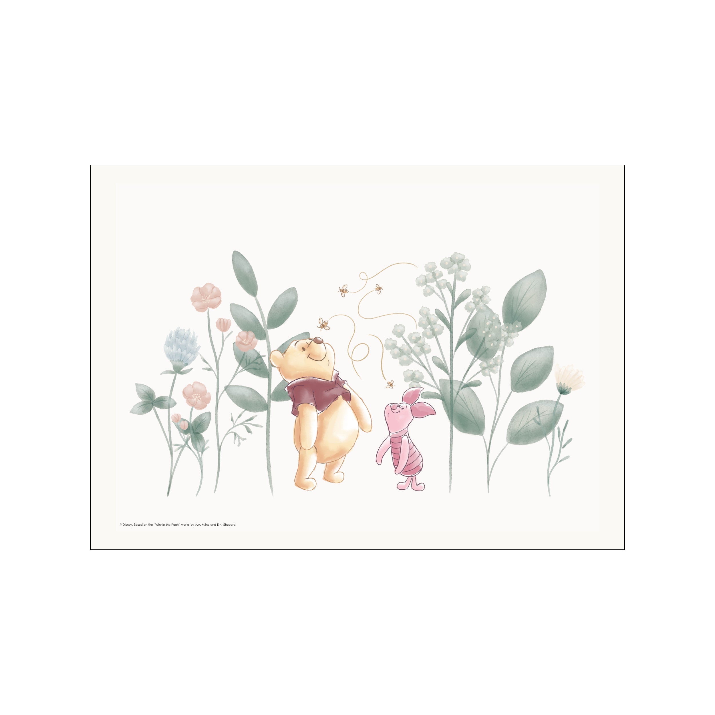 Winnie the Pooh and Piglet in a soft watercolor garden with delicate flowers and buzzing bees. The artwork features a pastel color palette of muted greens, pinks, and blues, conveying a whimsical and serene atmosphere.