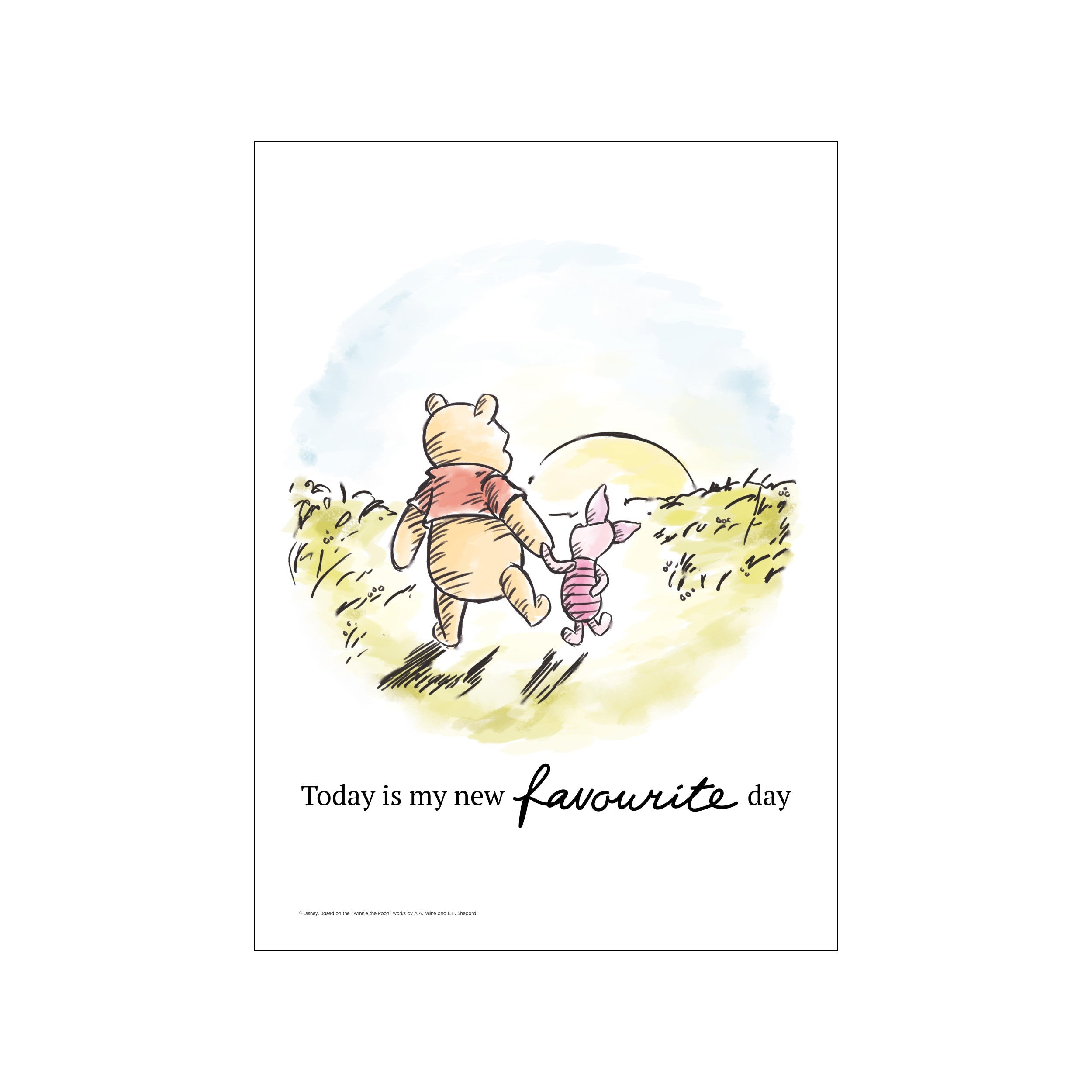Winnie the Pooh and Piglet walking together towards a soft yellow sunset over a meadow, with a watercolor wash of pale blue in the sky. The scene conveys warmth, friendship, and gentle nostalgia.