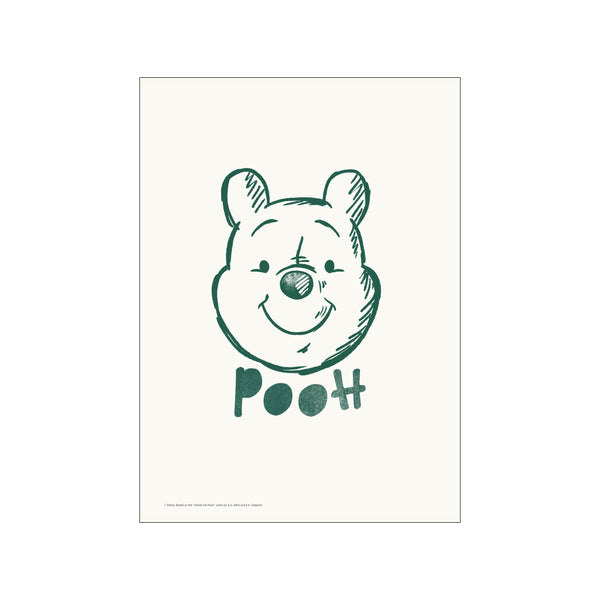 A simple, expressive line sketch of Winnie the Pooh's face in a deep green hue against a soft, off-white background, with the word 'Pooh' below.