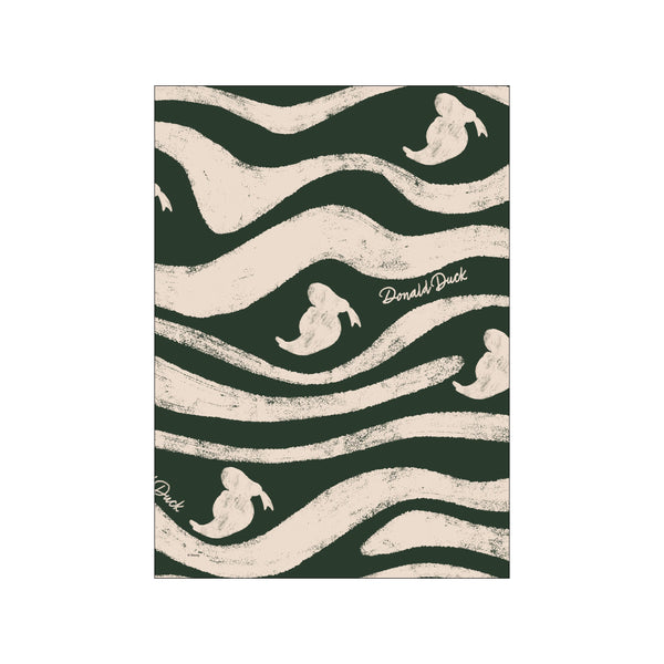 Stylized Donald Duck figures in soft cream appear to float across a background of sweeping, textured forest green waves, creating a dreamy and playful visual story for home decor.