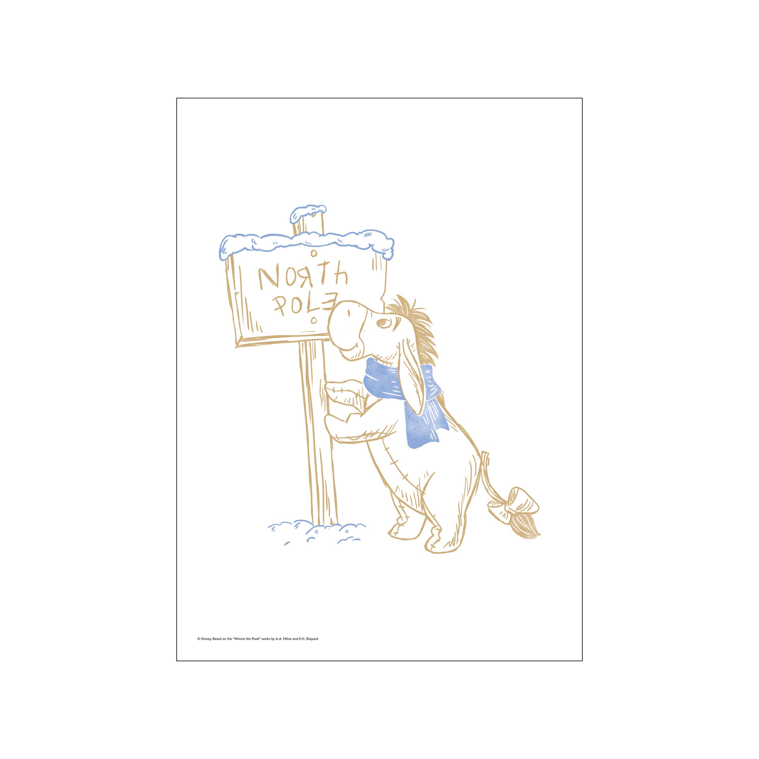 A charming illustration of Eeyore leaning against a snow-capped North Pole sign. The artwork features delicate gold sketch lines and soft blue accents, conveying a gentle, nostalgic, and serene mood.