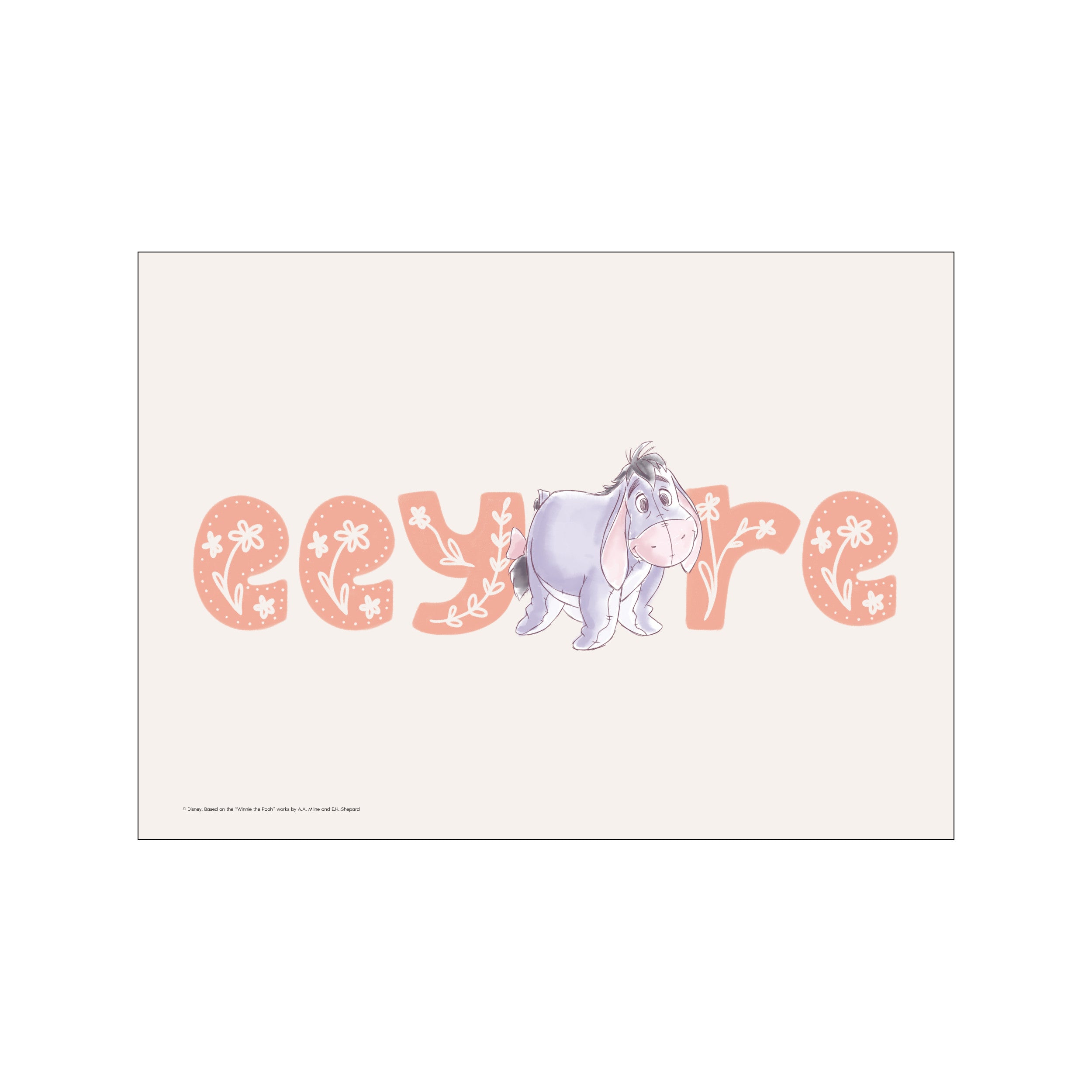 Eeyore the donkey peeking out from behind large, stylized letters spelling his name. The letters are a soft pink with delicate white floral patterns. The background is a light, creamy hue.