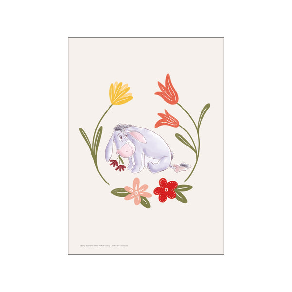 Eeyore is depicted sitting in a circle of stylized flowers, featuring soft lavender, coral, yellow, and green colors on a cream background, creating a whimsical and serene visual.
