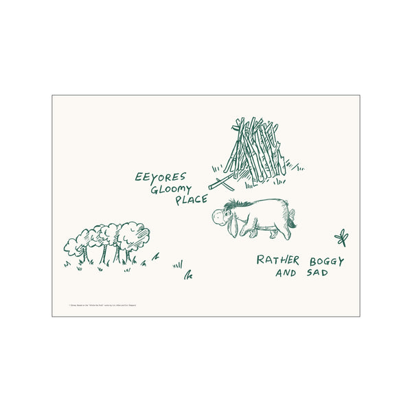 A simple green sketch of Disney's Eeyore standing next to a pile of sticks, with text that reads 'Eeyore's Gloomy Place' and 'Rather Boggy and Sad'.