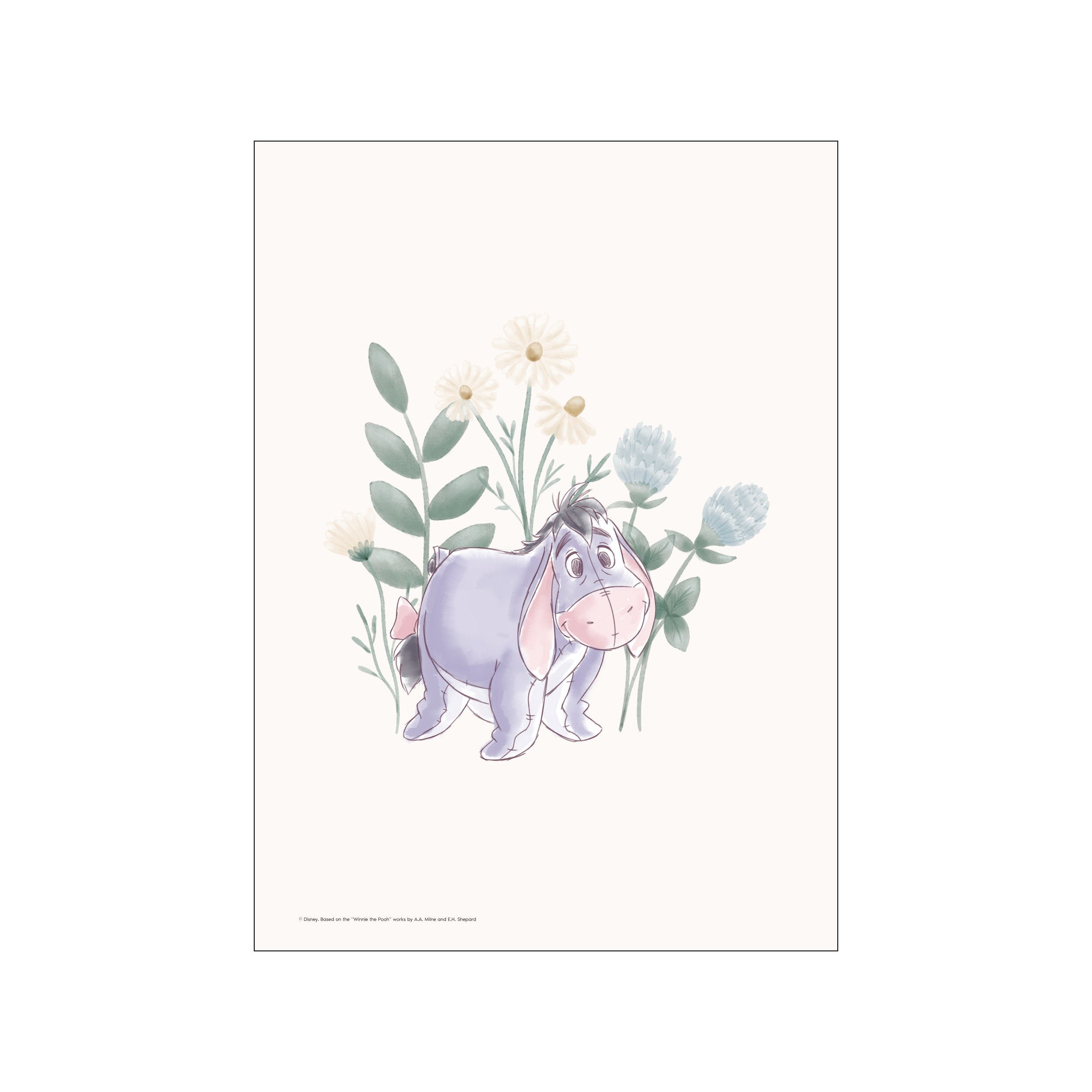 A watercolor illustration of Disney's Eeyore peeking through delicate pastel-colored flowers and soft green leaves, creating a whimsical and serene meadow scene.