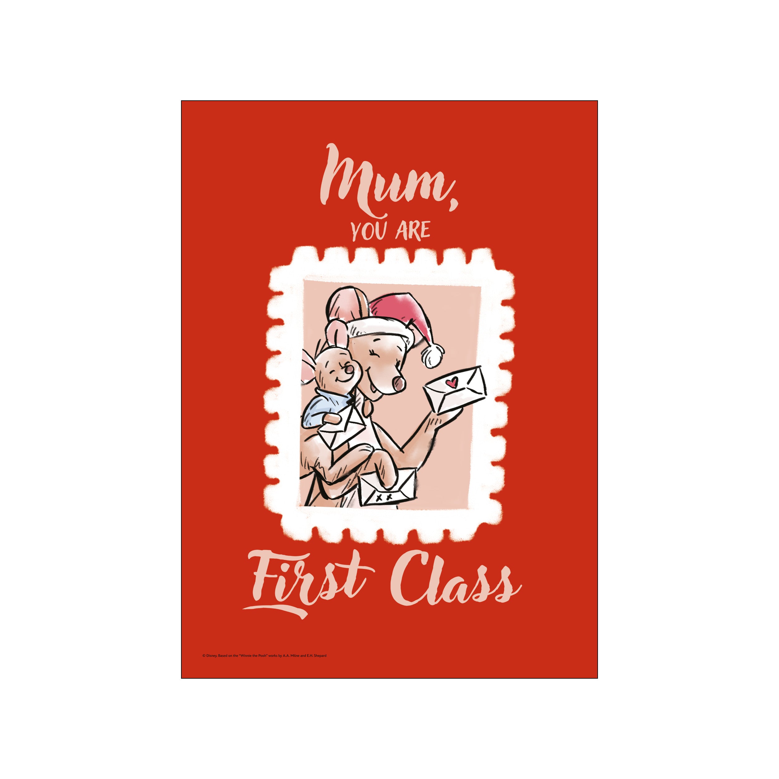 A charming illustration of a bear in a Santa hat holding a baby and letters, set within a postage stamp shape. The artwork features a warm red background and a joyful, vintage-inspired holiday theme.