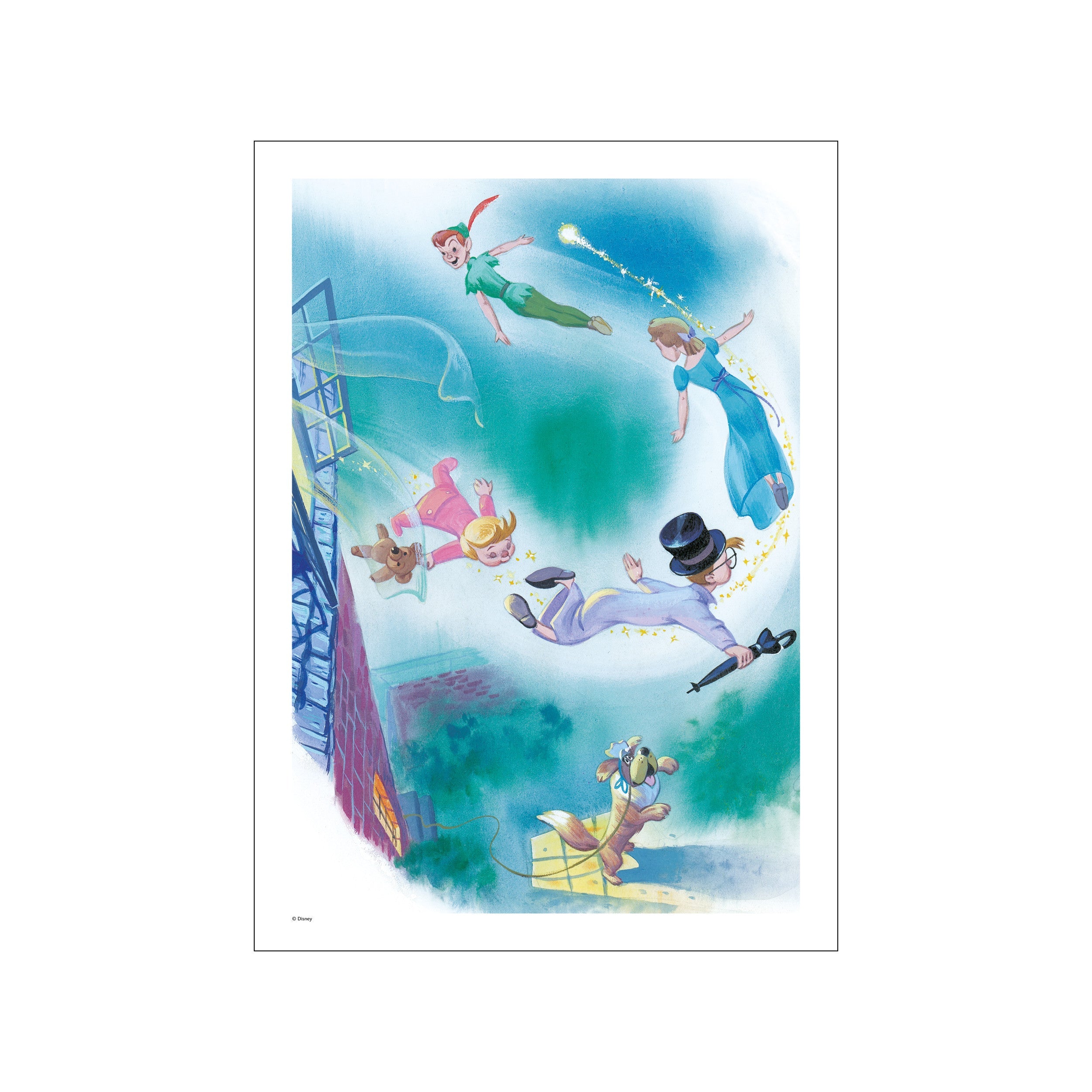 Peter Pan, Wendy, John, Michael, and Nana the dog soaring through a twilight sky, guided by fairy dust. The scene features a hint of London rooftops and a dreamy blue-green color palette, evoking wonder and.