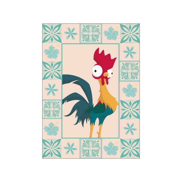 A charming cartoon rooster with wide eyes stands centered within a decorative border of teal hibiscus flowers and geometric patterns, evoking a playful tropical island paradise.