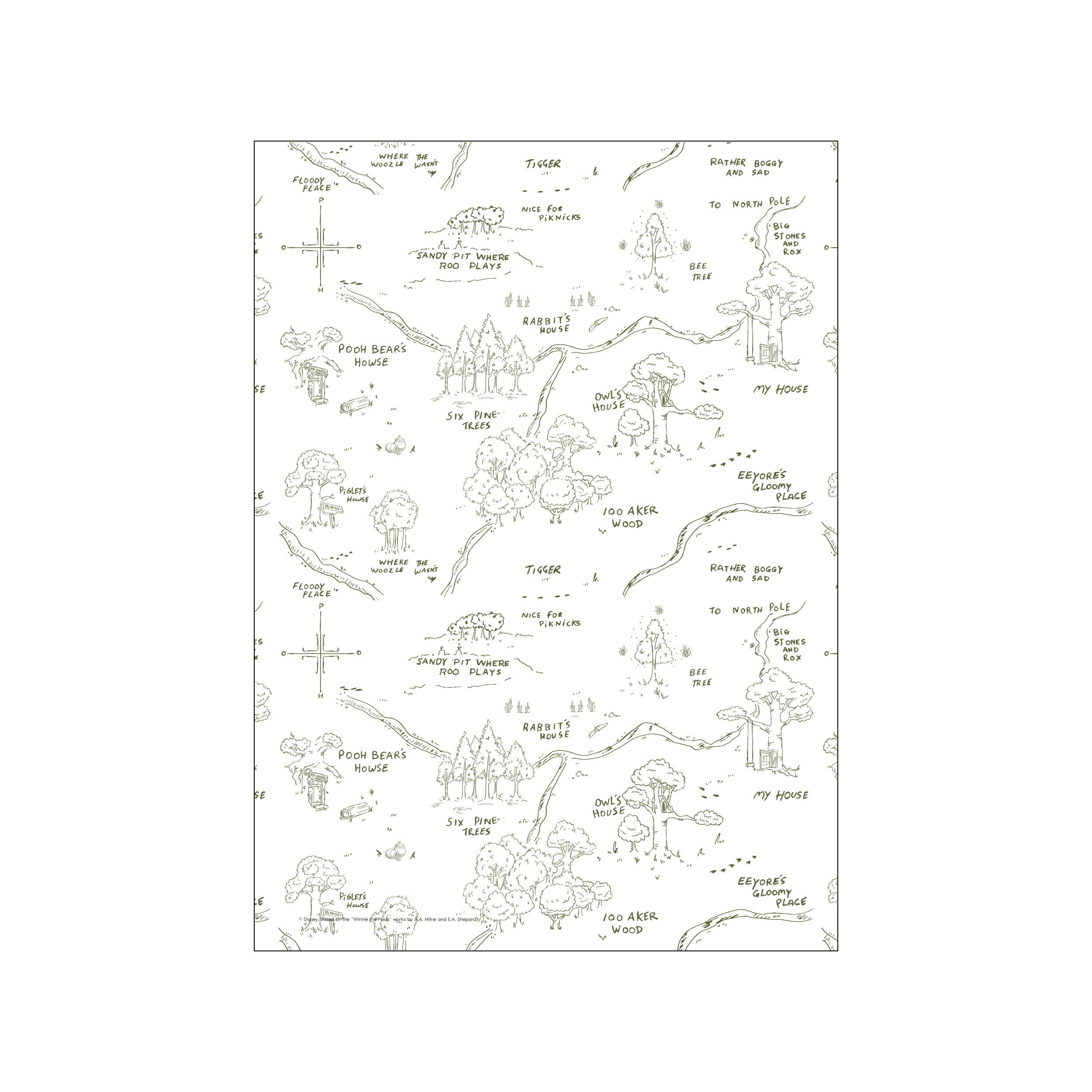 A whimsical, sepia-toned hand-drawn map of the Hundred Acre Wood, featuring iconic locations like Pooh Bears House, Owl's House, and the North Pole. The art has a charming, nostalgic, and gentle storybook vibe.