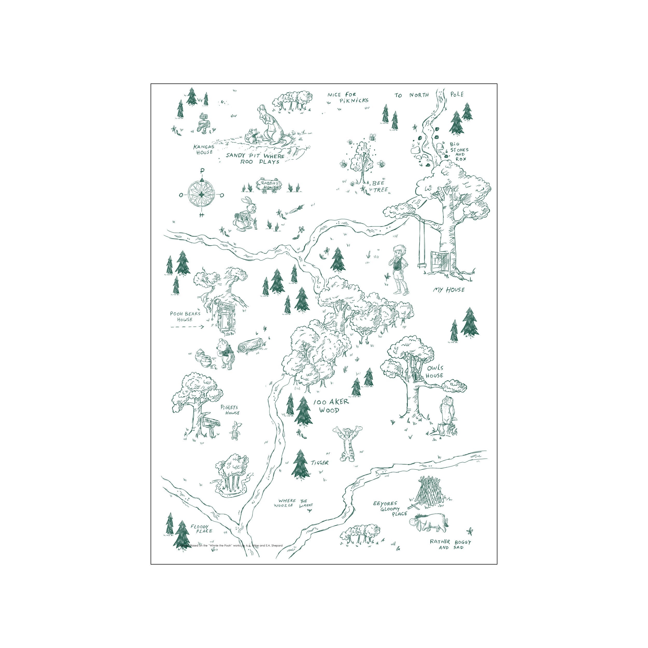 A whimsical, hand-drawn map of the Hundred Acre Wood featuring locations like Pooh Bear's House and Rabbit's House, rendered in a simple green sketch style.