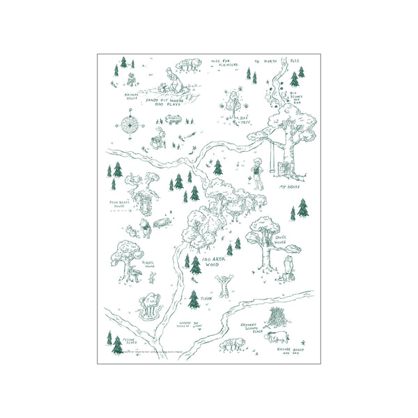 A whimsical, hand-drawn map of the Hundred Acre Wood featuring locations like Pooh Bear's House and Rabbit's House, rendered in a simple green sketch style.