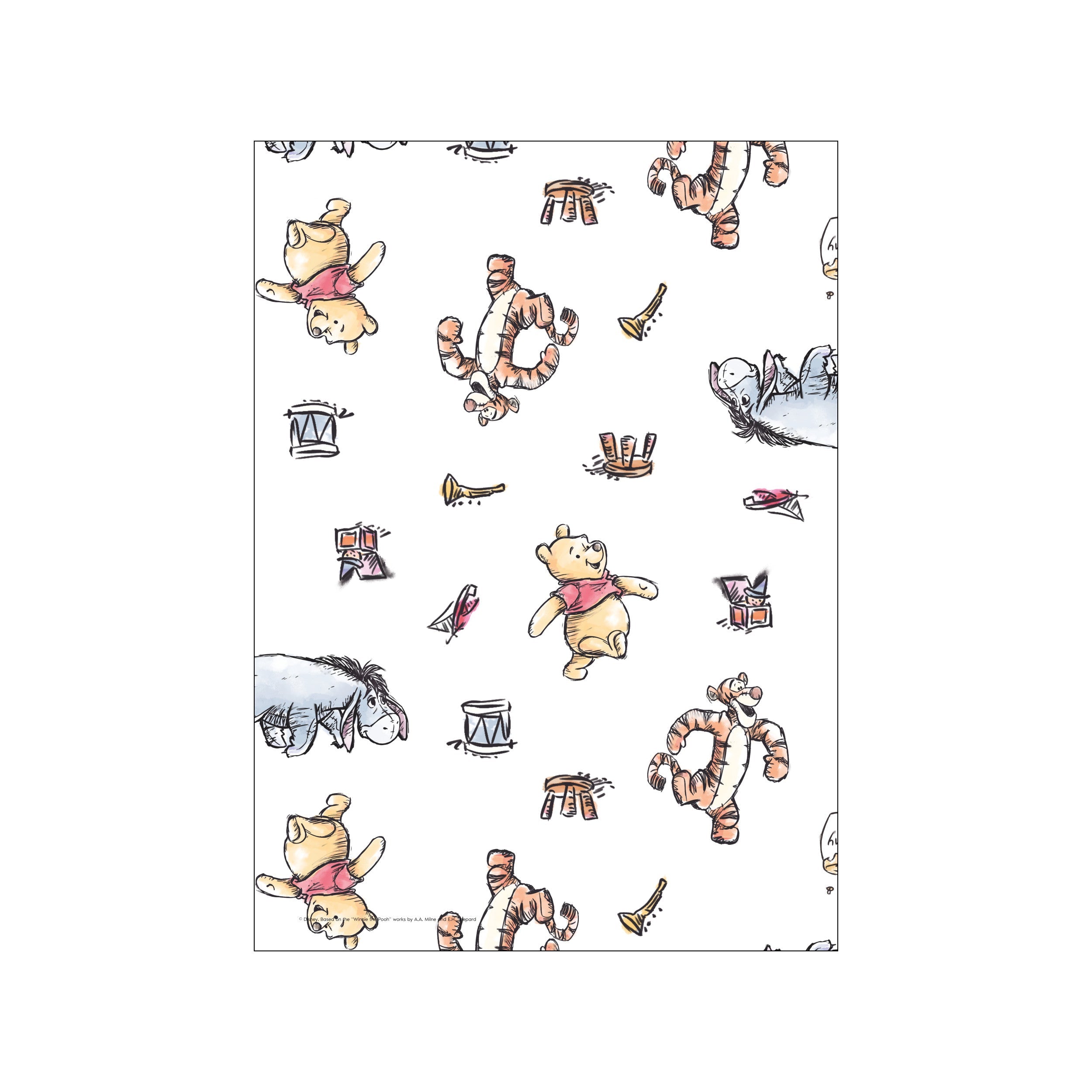 A delightful pattern featuring watercolor illustrations of Winnie the Pooh, Tigger, and Eeyore in playful poses, interspersed with whimsical objects like drums and trumpets on a clean white background.