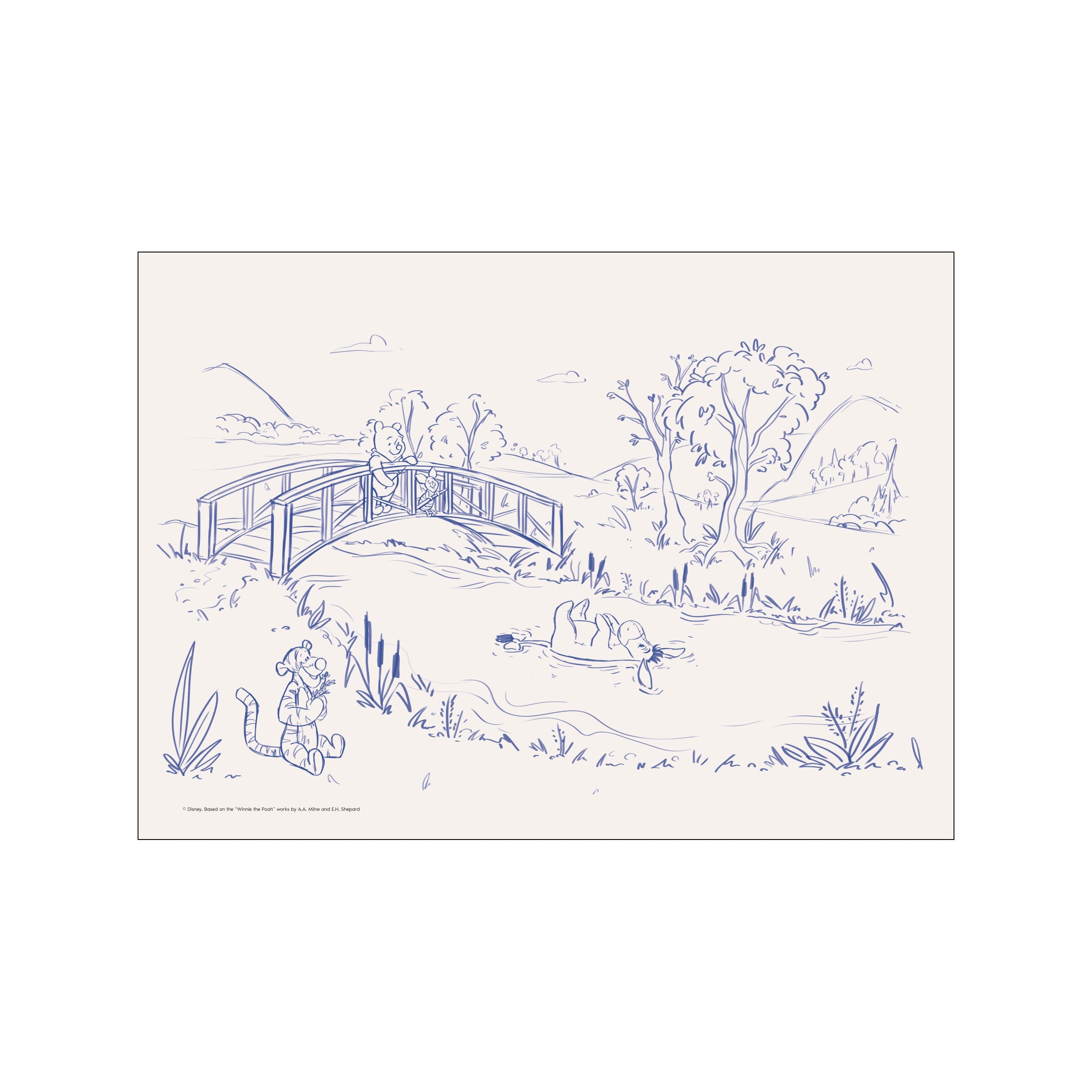 A whimsical line drawing in indigo on a cream background, showing Winnie the Pooh and Piglet on a bridge, with Tigger and Eeyore near a pond, capturing a serene and joyful moment.