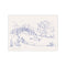 A whimsical line drawing in indigo on a cream background, showing Winnie the Pooh and Piglet on a bridge, with Tigger and Eeyore near a pond, capturing a serene and joyful moment.