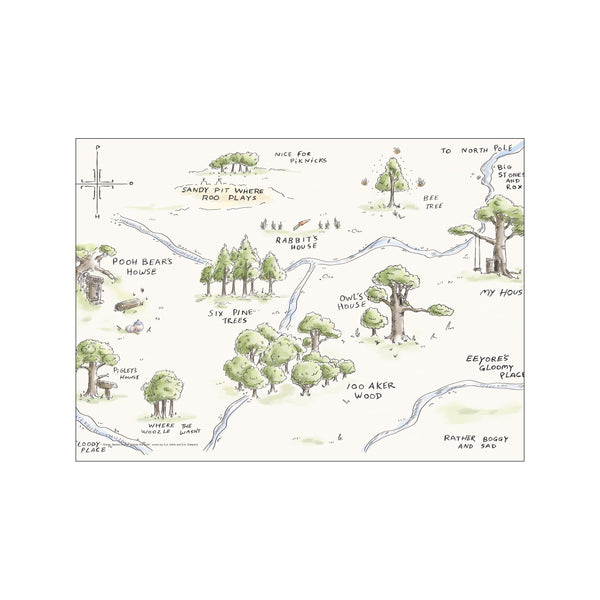 A hand-drawn map of Disney's Hundred Acre Wood, featuring familiar locations like Pooh Bear's House and Rabbit's House, rendered in a soft, watercolor style with a muted green and blue color palette.