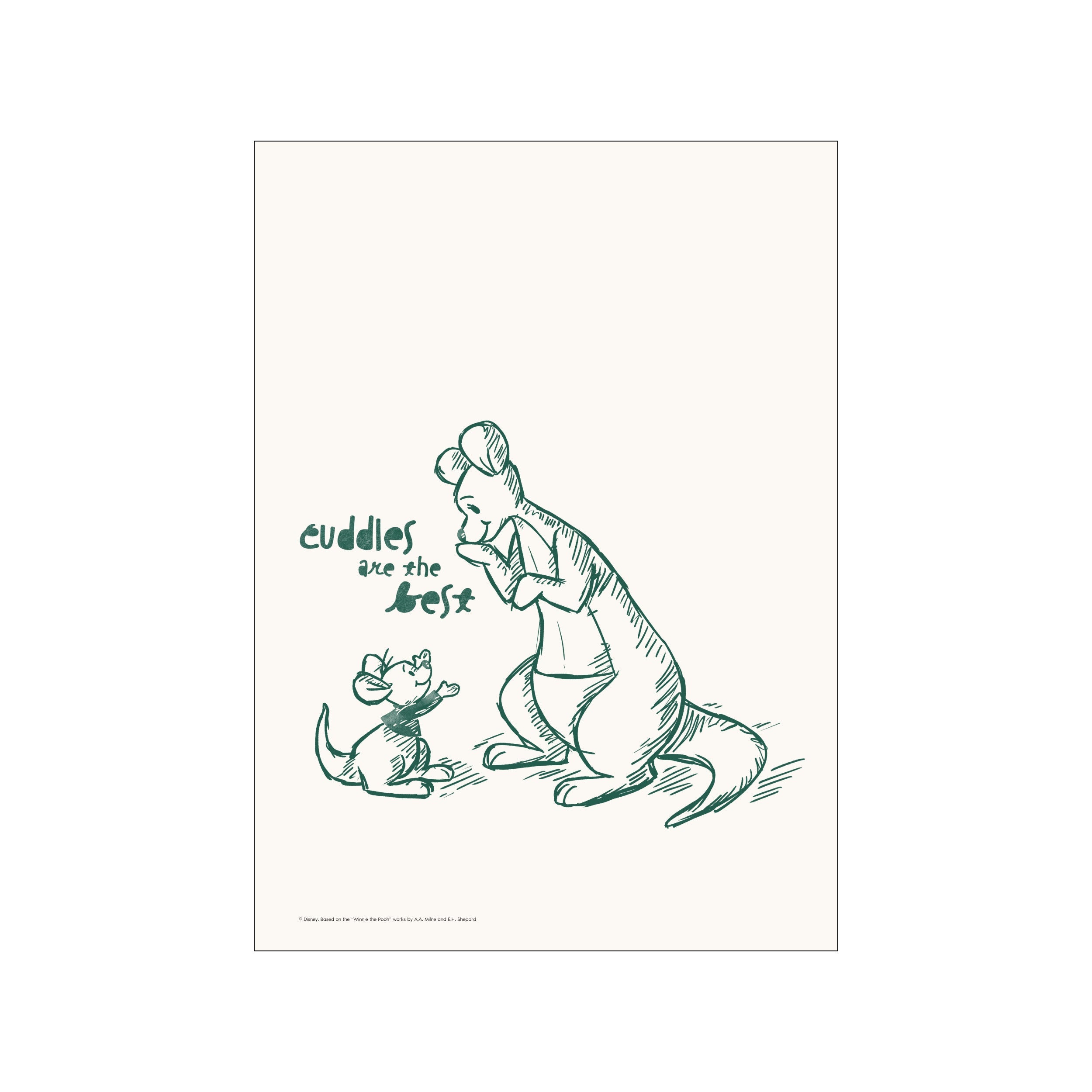 A sketched illustration in emerald green shows Kanga holding her son Roo. The text "cuddles are the best" is written above them. The artwork has a vintage, tender, and nostalgic vibe.