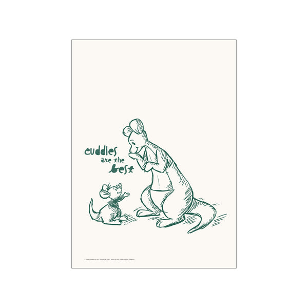 A sketched illustration in emerald green shows Kanga holding her son Roo. The text "cuddles are the best" is written above them. The artwork has a vintage, tender, and nostalgic vibe.
