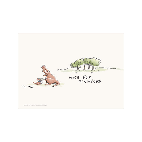 A whimsical illustration of Kanga and Roo sharing a quiet moment at a picnic spot, with soft green trees in the background and simple text.