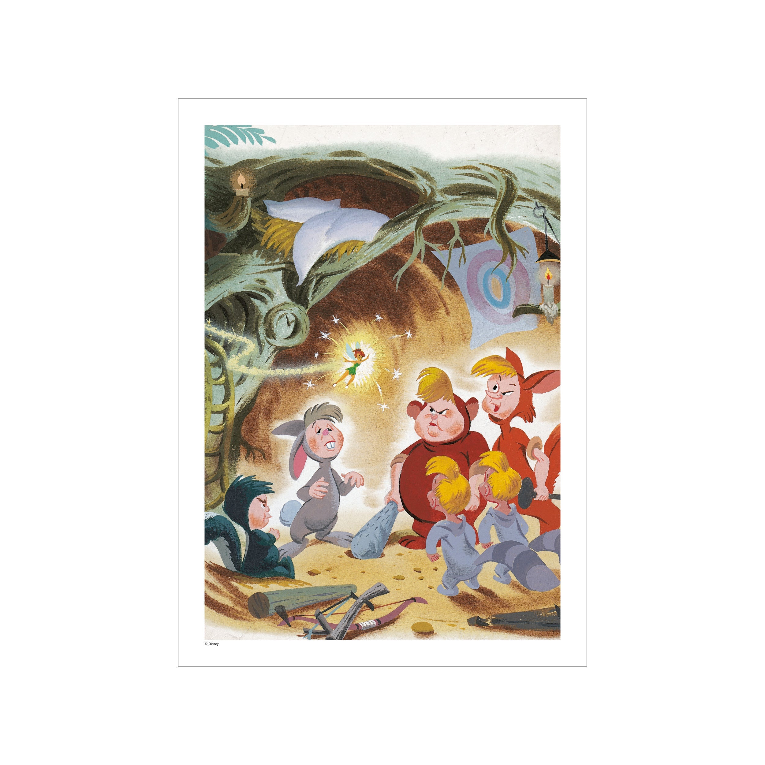 A lively scene from Disney's Peter Pan featuring the Lost Boys in their hideout, gathered around a glowing Tinkerbell. The artwork showcases earthy tones and a playful, adventurous atmosphere, perfect for a whimsical room accent.