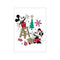Mickey and Minnie Mouse dressed in holiday attire, playfully decorating a Christmas tree with ornaments and a star, set against a white background with festive red and gold accents.