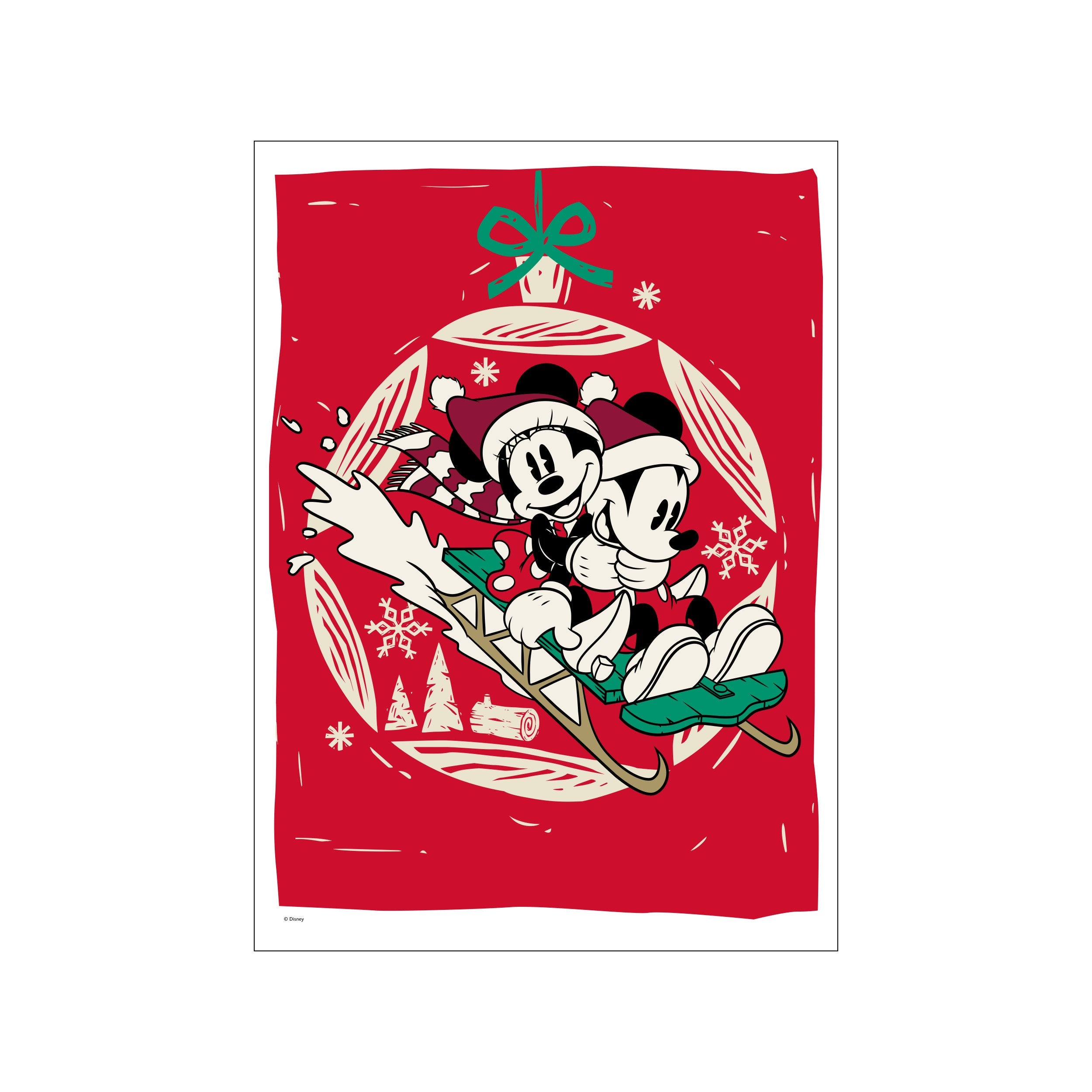 A joyful illustration of Mickey and Minnie Mouse in winter attire, riding a sleigh. The artwork is set against a bold red background within a circular motif, with snowflakes and stylized trees.