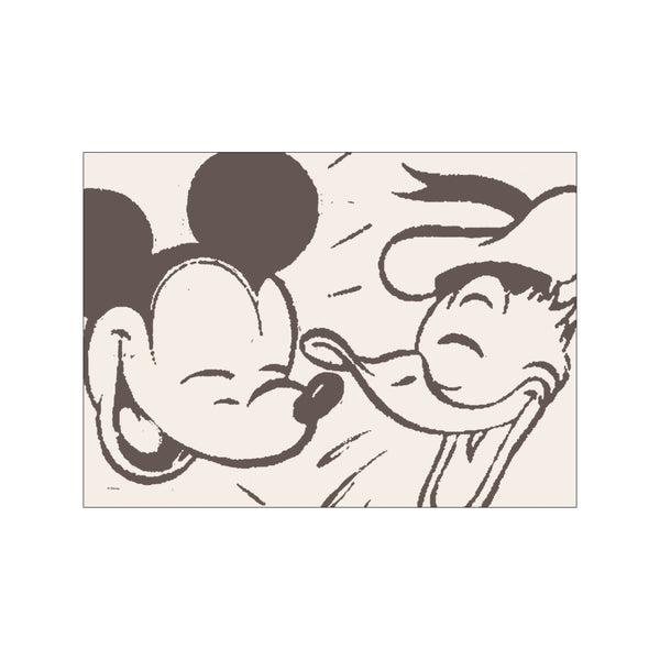 A close-up illustration of Mickey Mouse and Donald Duck laughing together, depicted in a sepia-toned, sketchy style against a light cream background, exuding warmth and playful nostalgia.