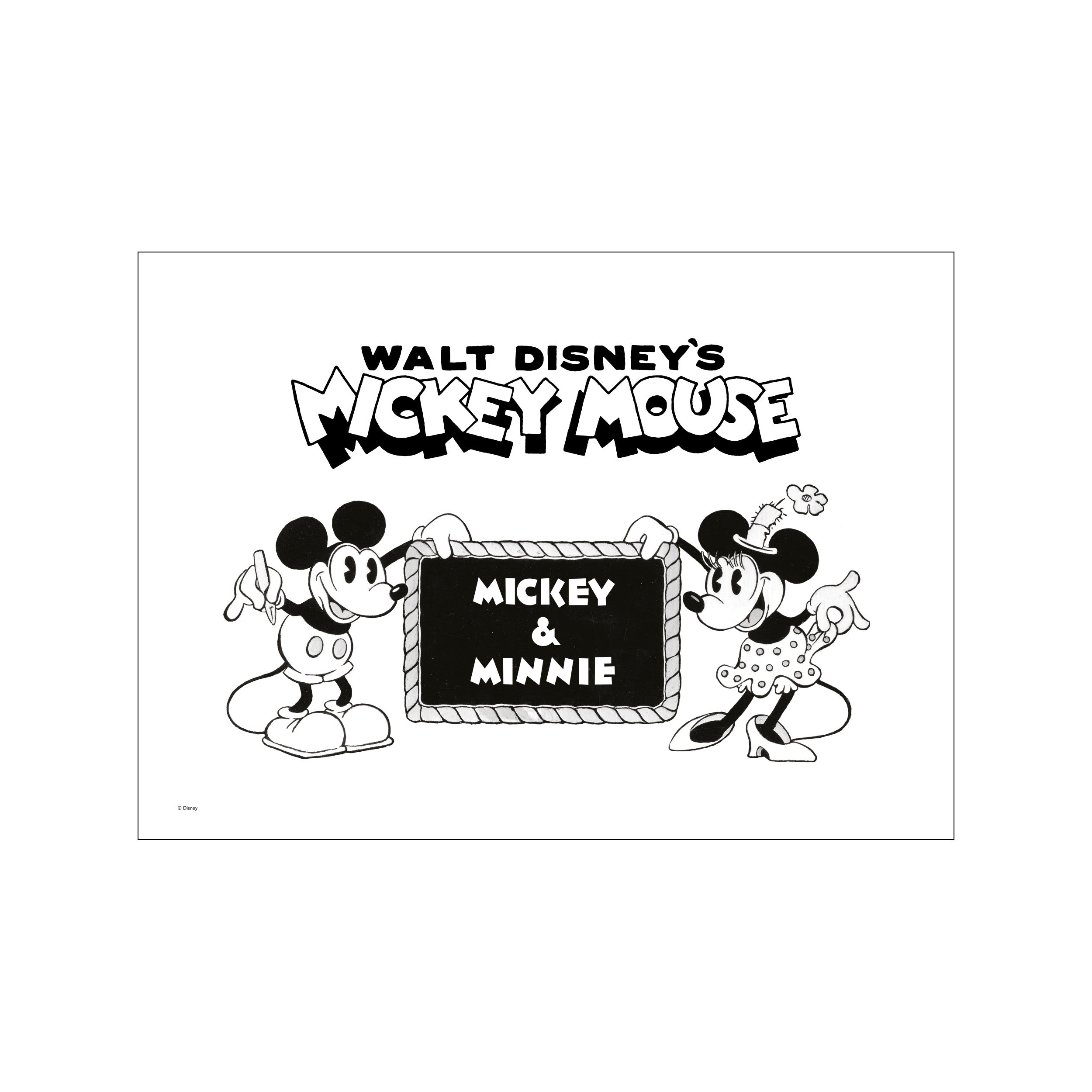 A black and white illustration of Mickey and Minnie Mouse holding a chalkboard sign that reads 'Mickey & Minnie,' evoking a vintage, charming, and playful atmosphere.