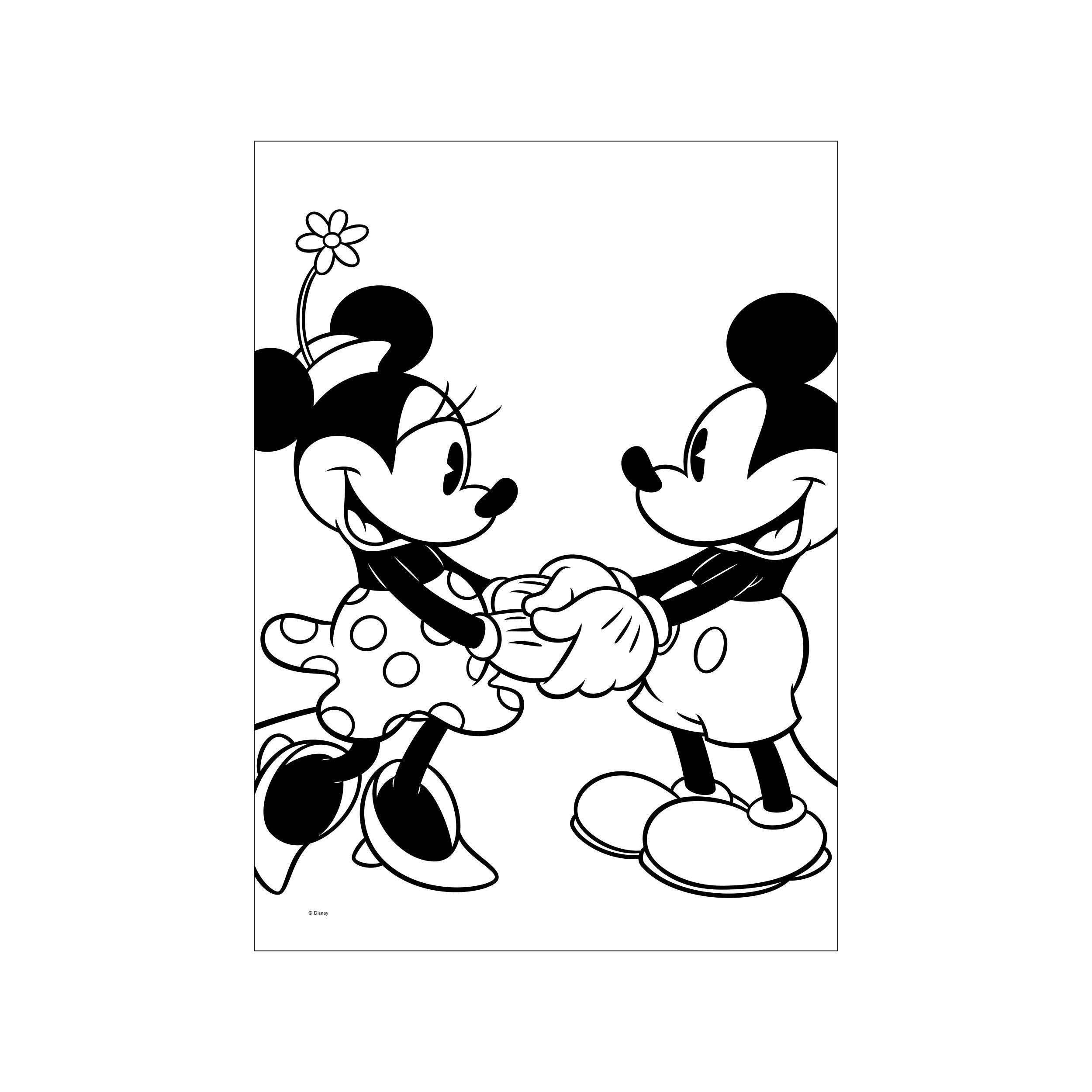 A black and white line drawing of Mickey and Minnie Mouse holding hands and smiling at each other, with Minnie wearing a polka dot dress and a flower in her hair. It evokes joy and.